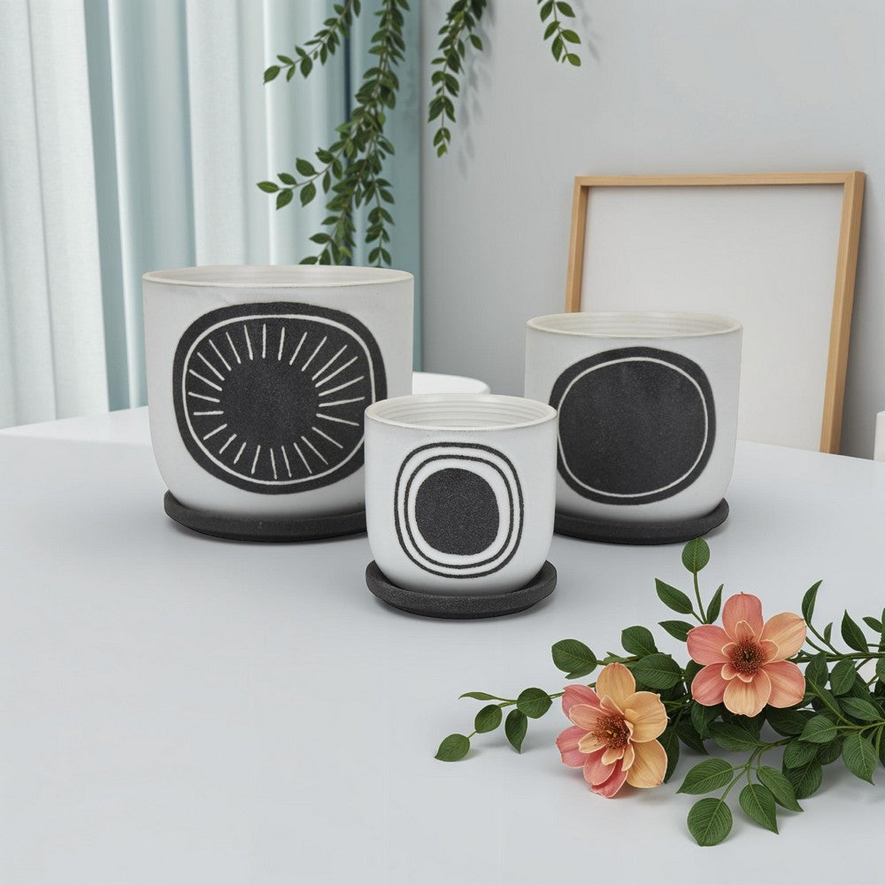 Benjara Meon 3pc Garden Planter Set, Textured White And Black Ceramic Design