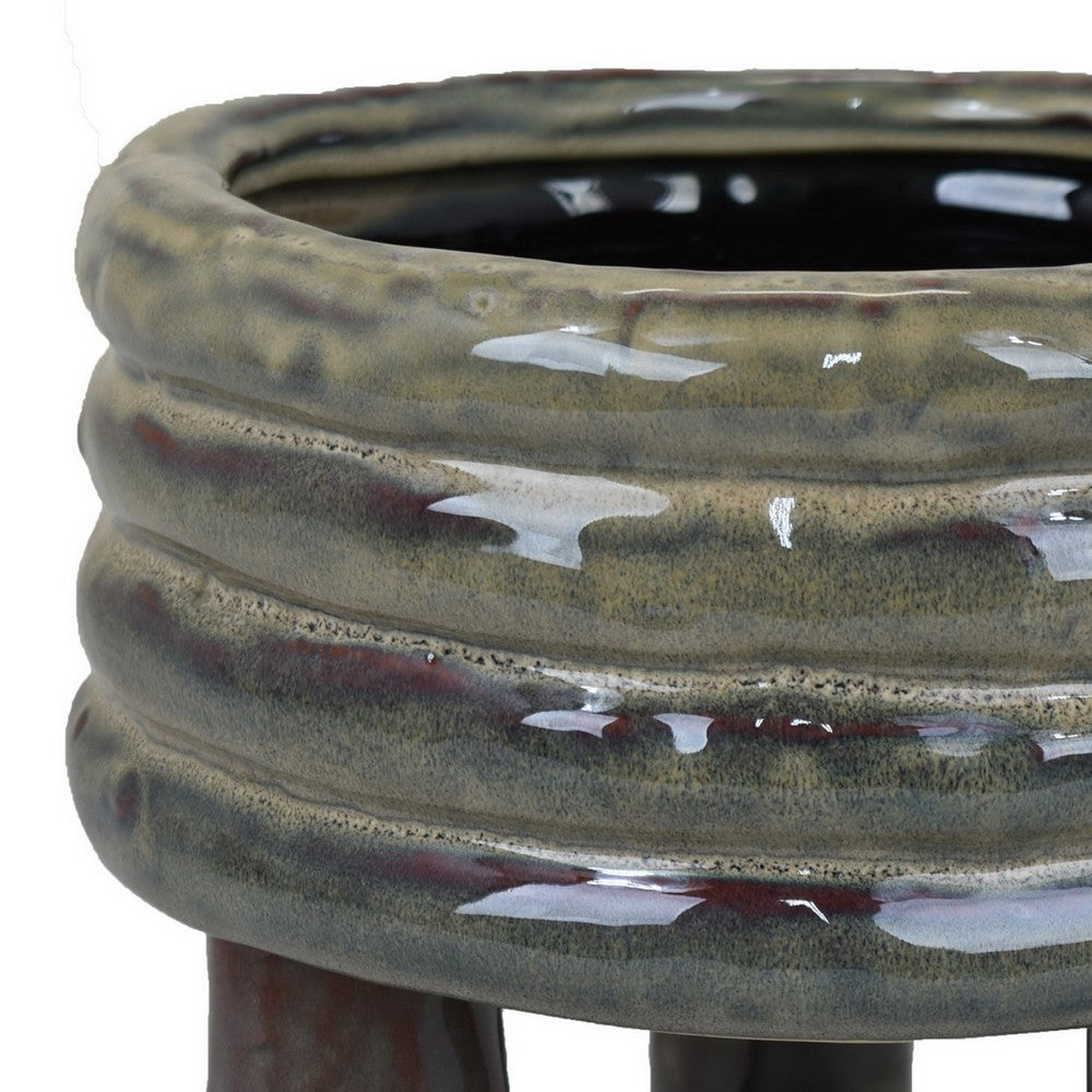 Benjara Garden Planter, Decorative Turned Style Glossy Gray Ceramic, 10 Inch