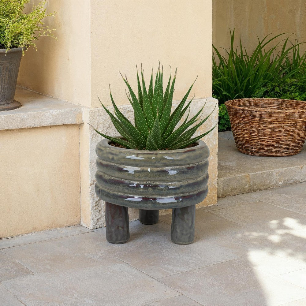 Benjara Garden Planter, Decorative Turned Style Glossy Gray Ceramic, 10 Inch