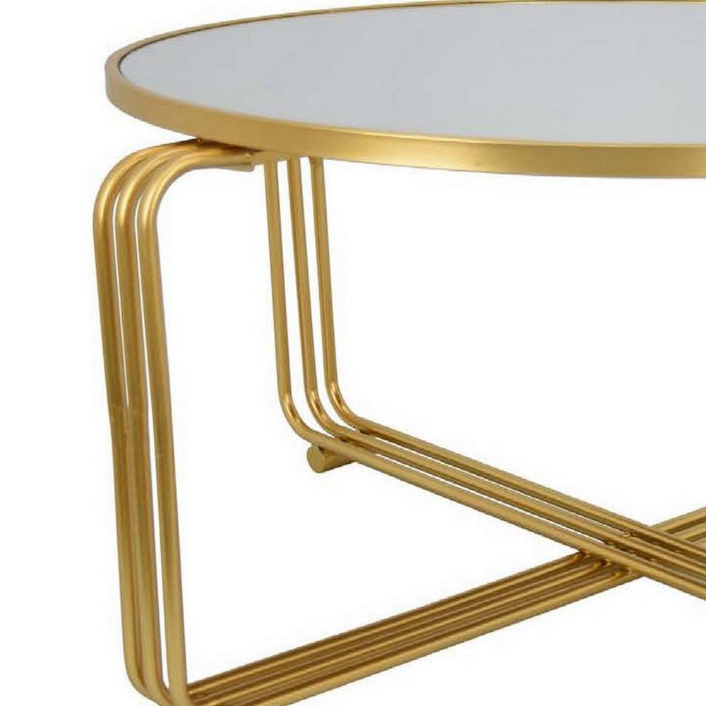 Benjara Plant Stand Coffee Table, 37 Inch Round Mirror Top, Modern Gold Metal