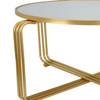 Benjara Plant Stand Coffee Table, 37 Inch Round Mirror Top, Modern Gold Metal