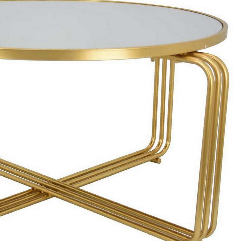 Benjara Plant Stand Coffee Table, 37 Inch Round Mirror Top, Modern Gold Metal