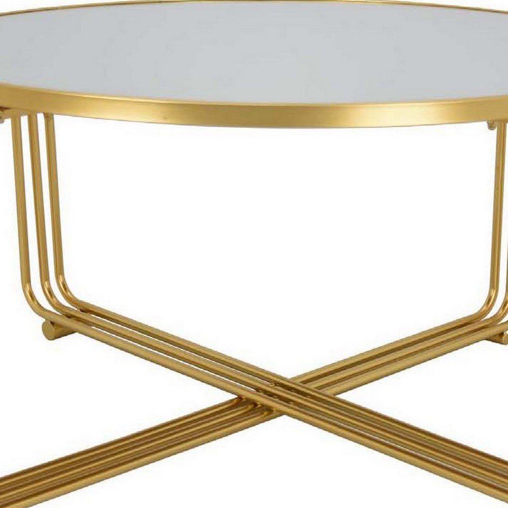 Benjara Plant Stand Coffee Table, 37 Inch Round Mirror Top, Modern Gold Metal