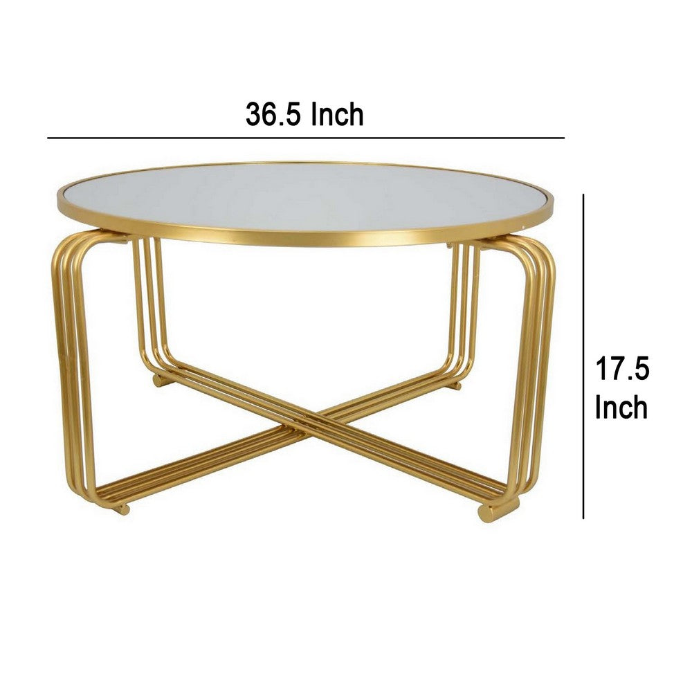 Benjara Plant Stand Coffee Table, 37 Inch Round Mirror Top, Modern Gold Metal