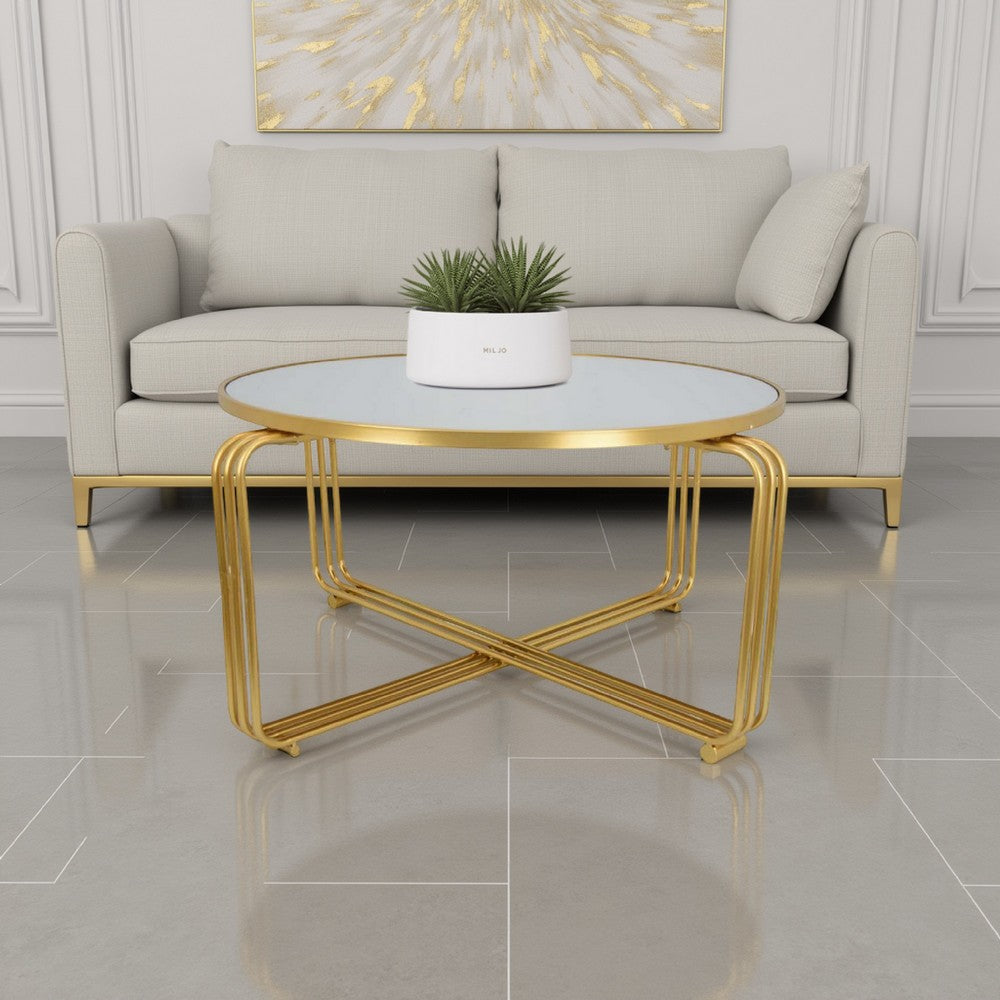 Benjara Plant Stand Coffee Table, 37 Inch Round Mirror Top, Modern Gold Metal