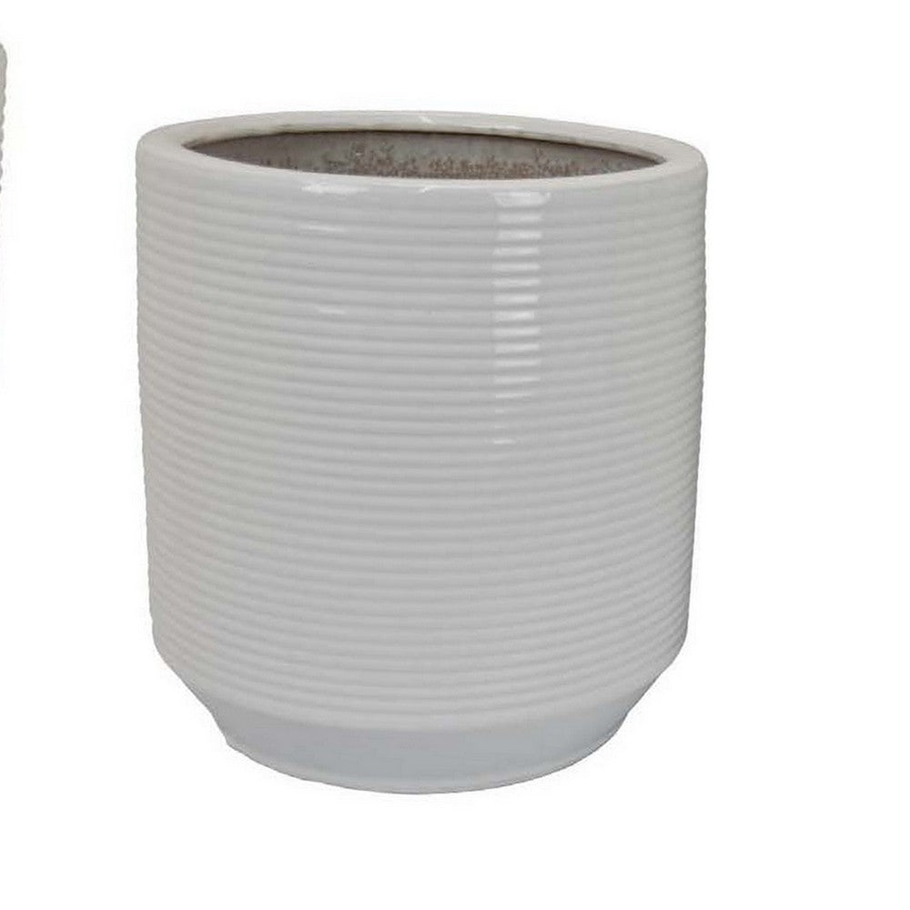 Benjara Fusie Planter Set of 2, Round, White Ceramic, Horizontal Texture
