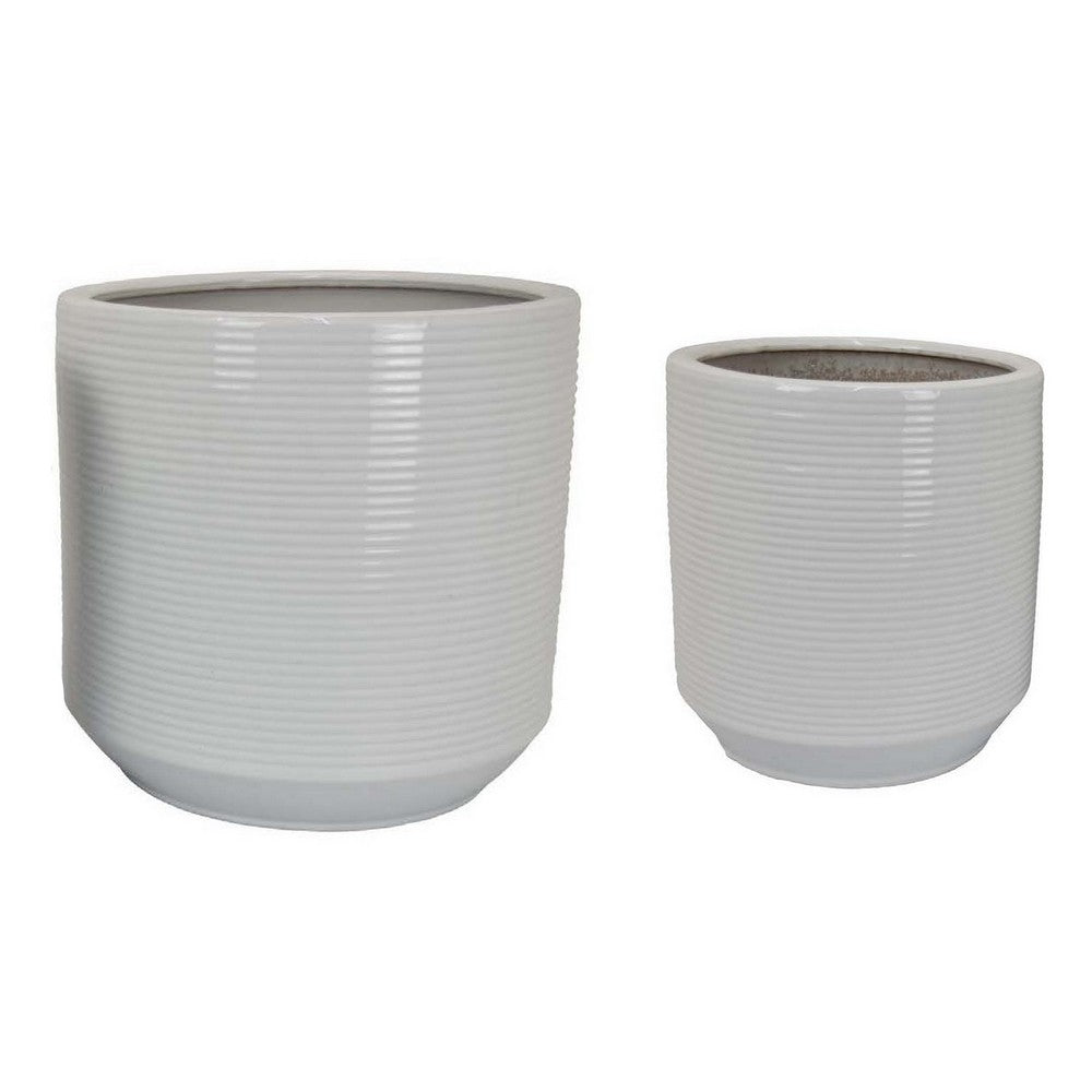 Benjara Fusie Planter Set of 2, Round, White Ceramic, Horizontal Texture