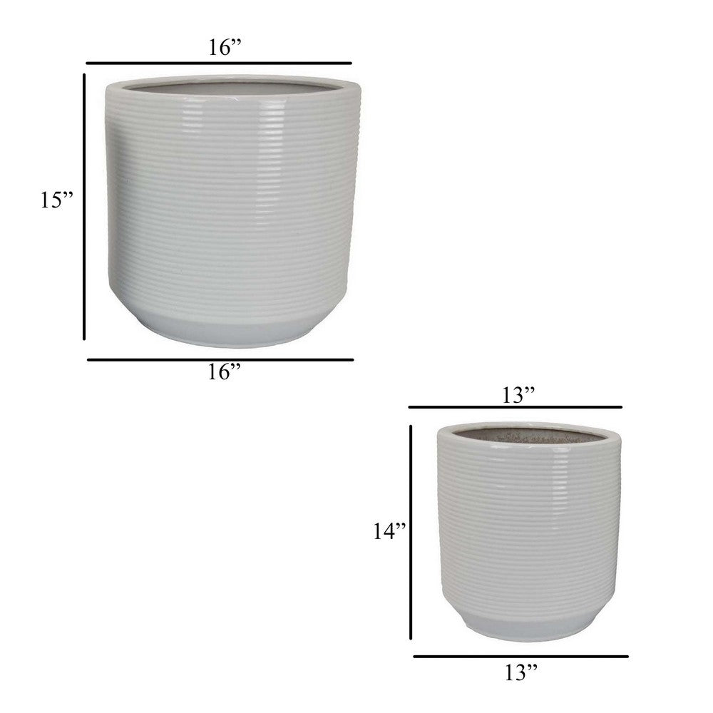 Benjara Fusie Planter Set of 2, Round, White Ceramic, Horizontal Texture