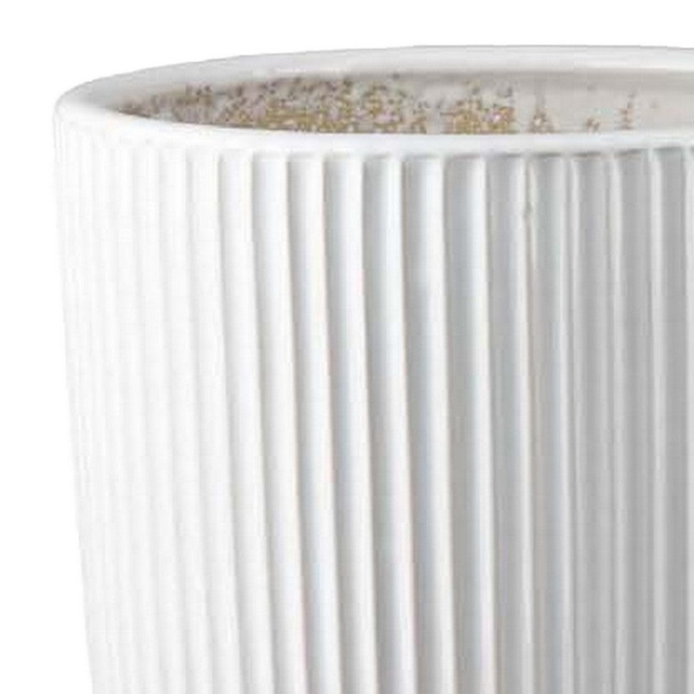 Benjara Lyna Accent Planter Set of 2, White Ceramic, Vertical Ribbed Texture