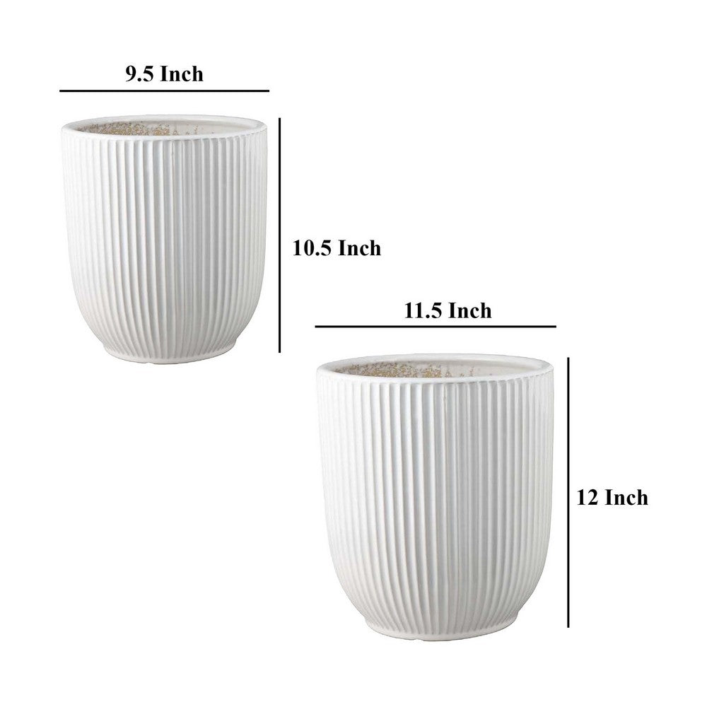 Benjara Lyna Accent Planter Set of 2, White Ceramic, Vertical Ribbed Texture