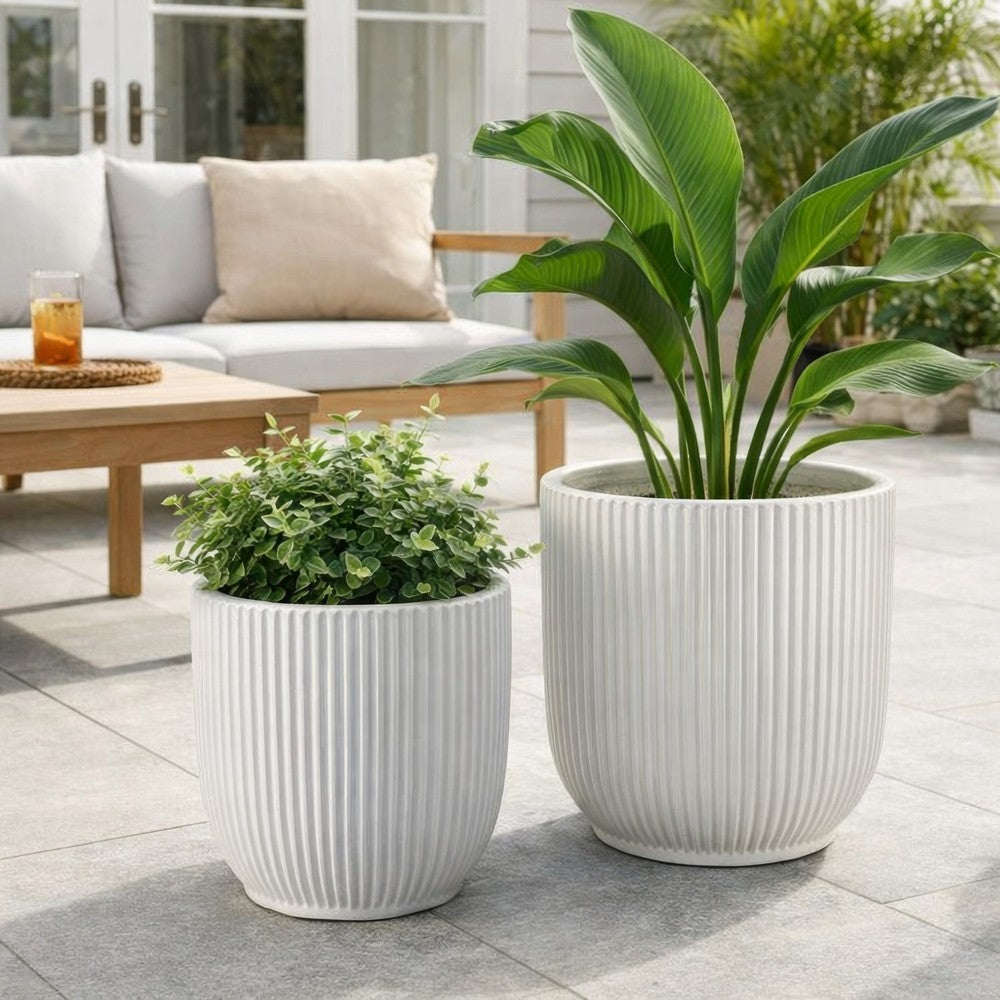Benjara Lyna Accent Planter Set of 2, White Ceramic, Vertical Ribbed Texture