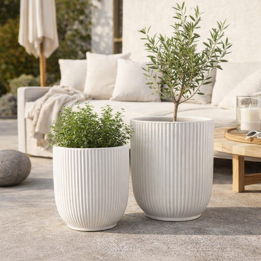 Benjara Lyna Accent Planter Set of 2, White Ceramic, Vertical Ribbed Texture