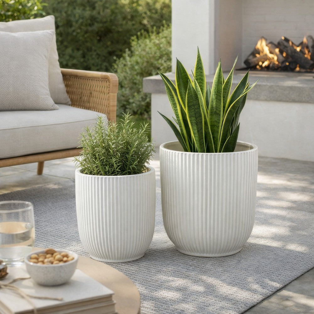 Benjara Lyna Accent Planter Set of 2, White Ceramic, Vertical Ribbed Texture