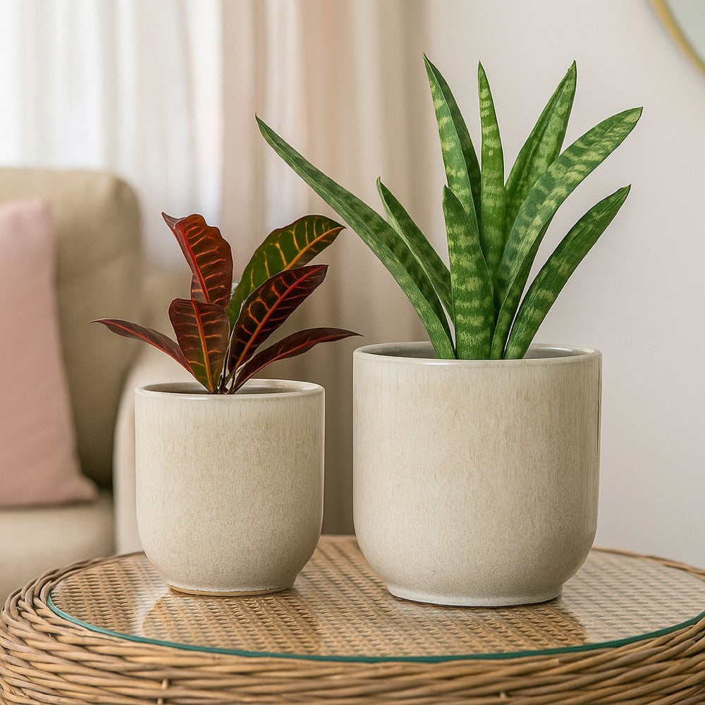Benjara Lyna Accent Planter Set of 2, White Gray Ceramic Smooth Glossy Texture