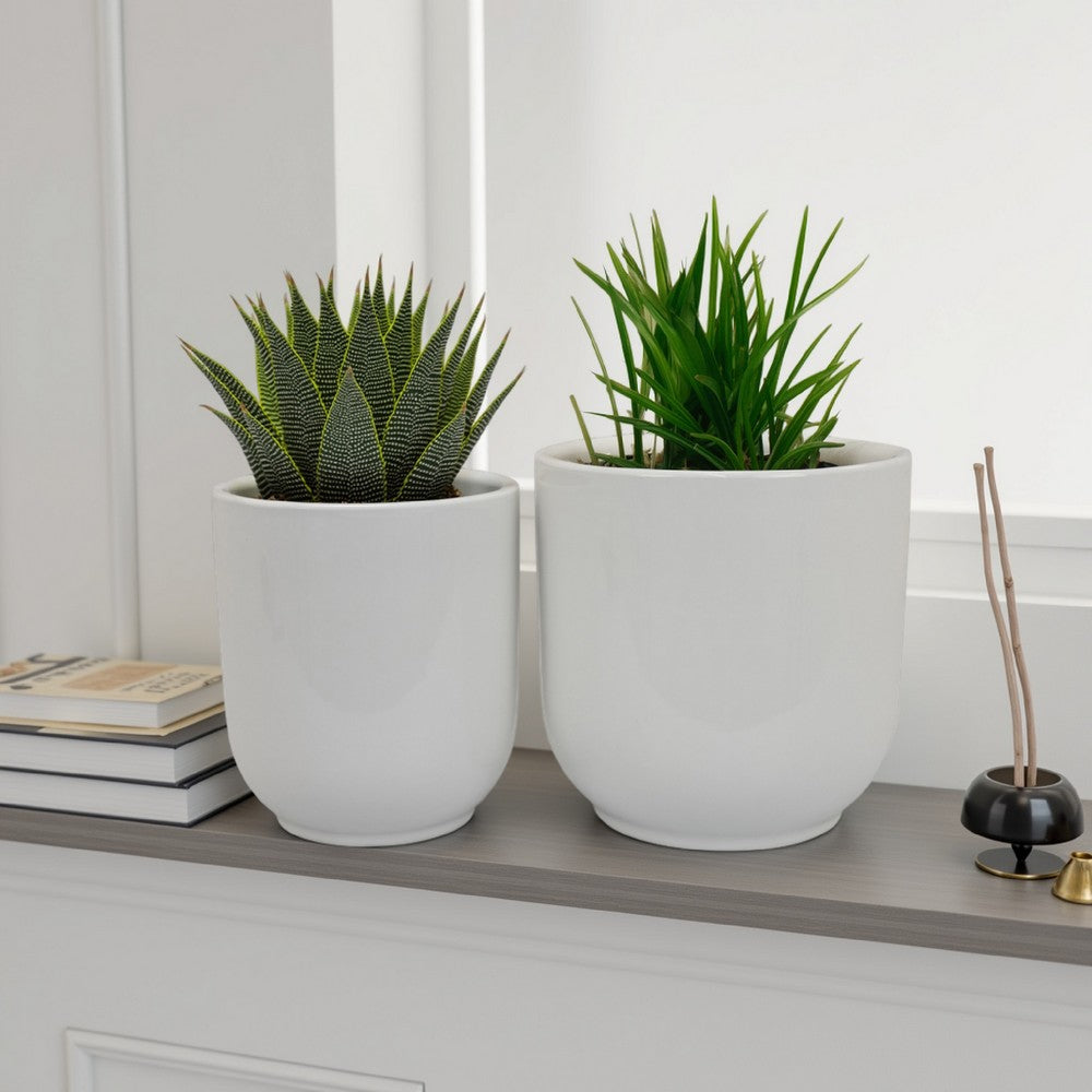 Benjara Lyna Accent Planter Set of 2, White Ceramic, Smooth Glossy Texture