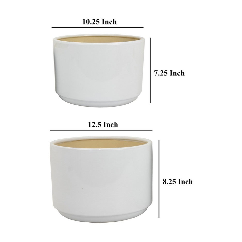 Benjara Accent Planter Set of 2, Wide Base, Modern Minimalist White Ceramic