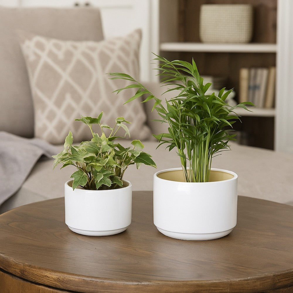 Benjara Accent Planter Set of 2, Wide Base, Modern Minimalist White Ceramic