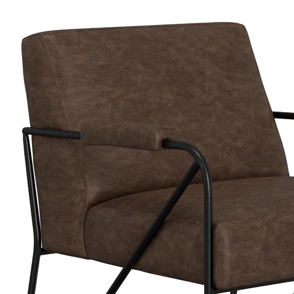 Benjara Levy Armchair with Black Metal Base, Wood, Dark Brown Faux Leather