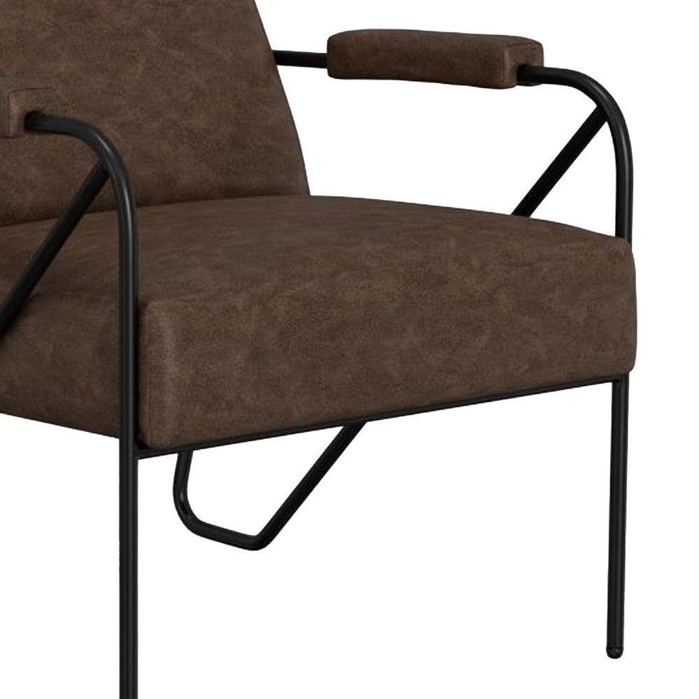 Benjara Levy Armchair with Black Metal Base, Wood, Dark Brown Faux Leather