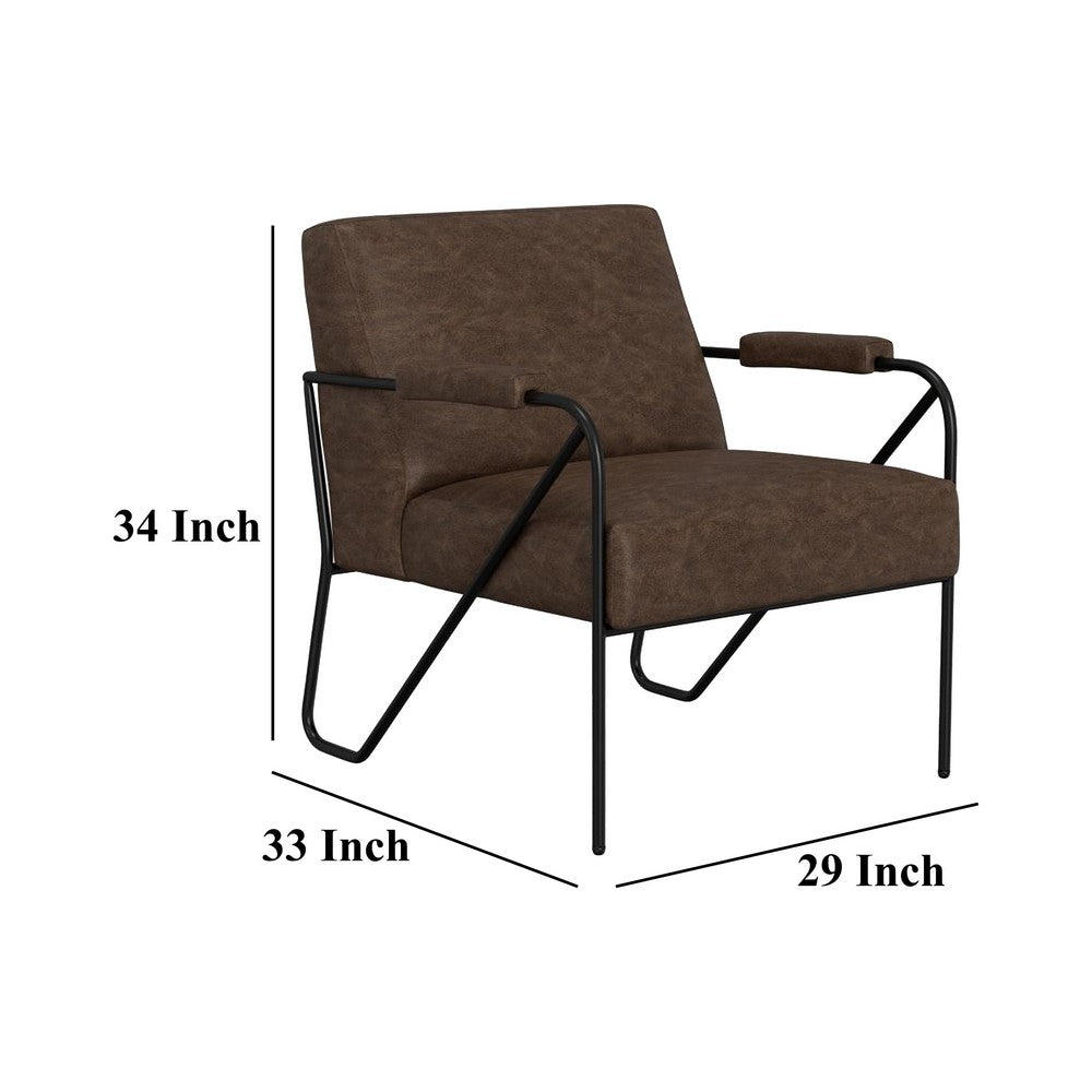 Benjara Levy Armchair with Black Metal Base, Wood, Dark Brown Faux Leather