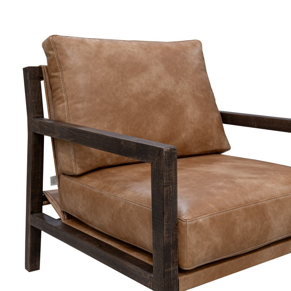 Benjara Viny Armchair with Lumbar Pillow, Pine Wood, Cognac Brown Faux Leather