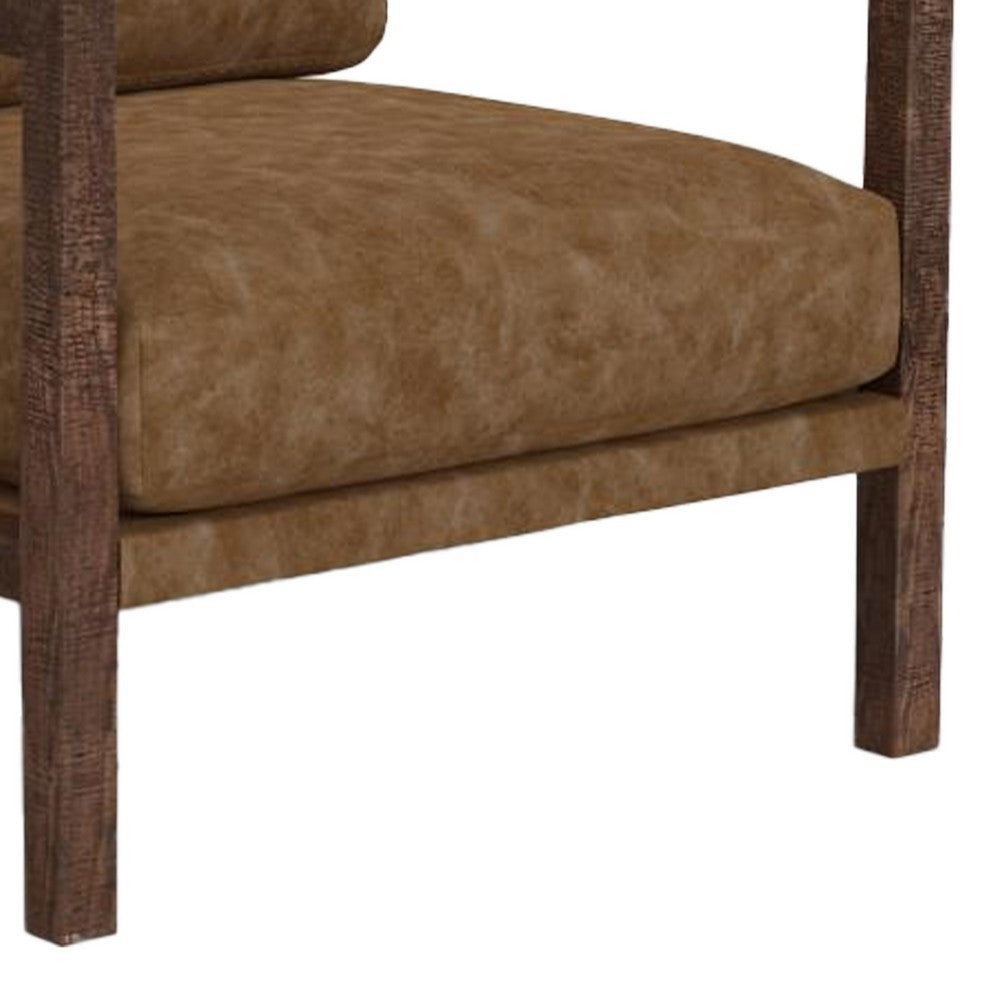 Benjara Viny Armchair with Lumbar Pillow, Pine Wood, Cognac Brown Faux Leather