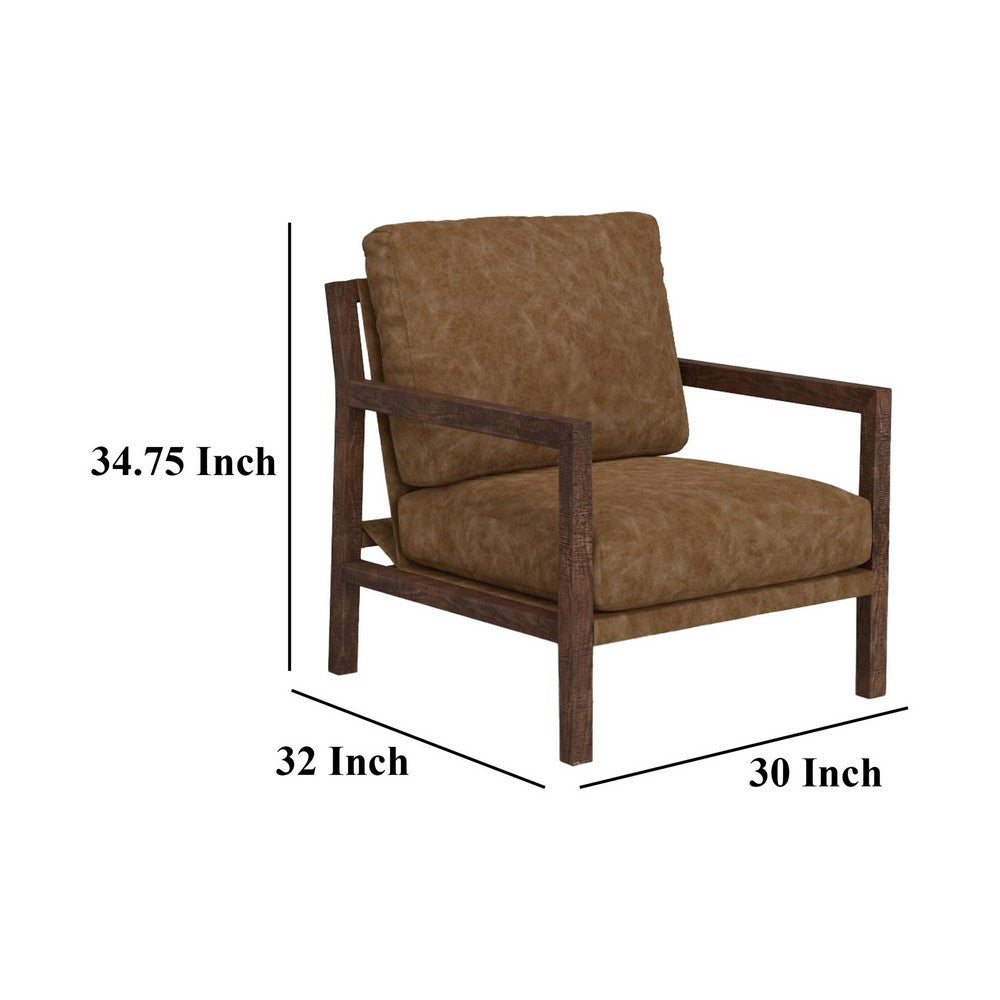 Benjara Viny Armchair with Lumbar Pillow, Pine Wood, Cognac Brown Faux Leather