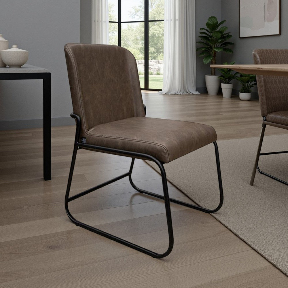 Benjara Jenny Dining Side Chair Set of 2, Dark Brown Faux Leather, Black Iron