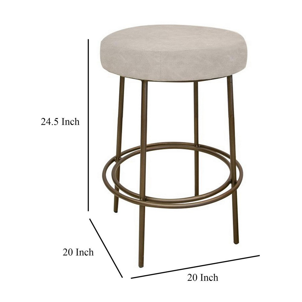 Benjara Sierra Counter Height Stool, Gray Faux Leather, Brass Metal, 24 Inch