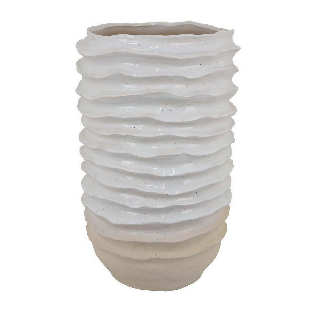 Benjara Accent Planter, Abstract Wave Coastal Design, 22 Inch White Ceramic