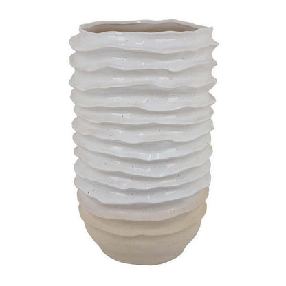 Benjara Accent Planter, Abstract Wave Coastal Design, 22 Inch White Ceramic