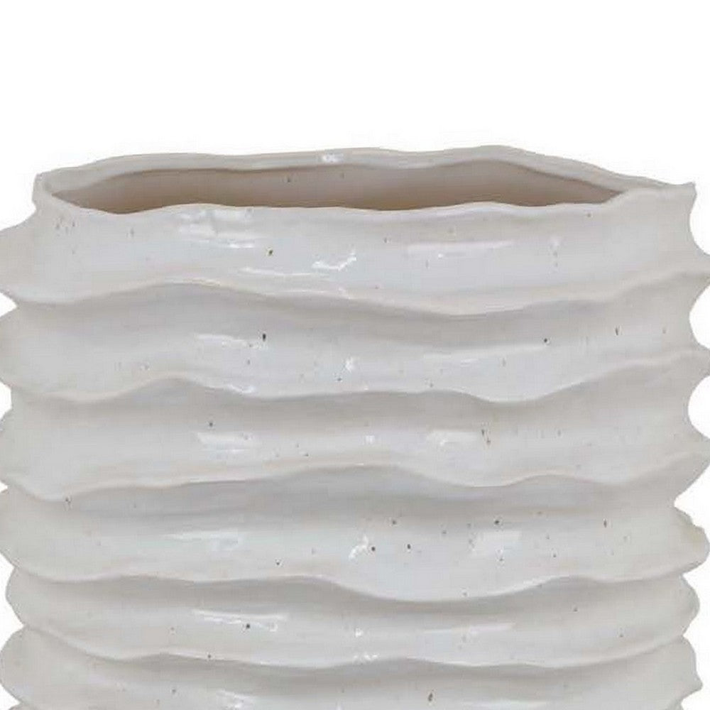 Benjara Accent Planter, Abstract Wave Coastal Design, 22 Inch White Ceramic
