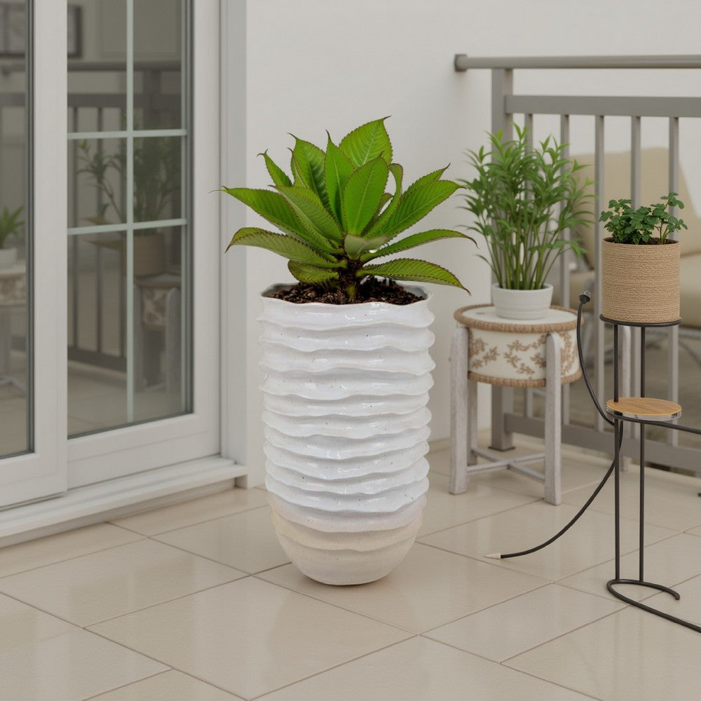 Benjara Accent Planter, Abstract Wave Coastal Design, 22 Inch White Ceramic