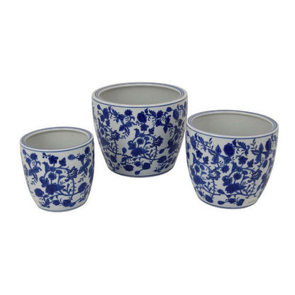 Benjara Garden Planter Set of 3, Classical Ceramic Blue White Floral Pattern