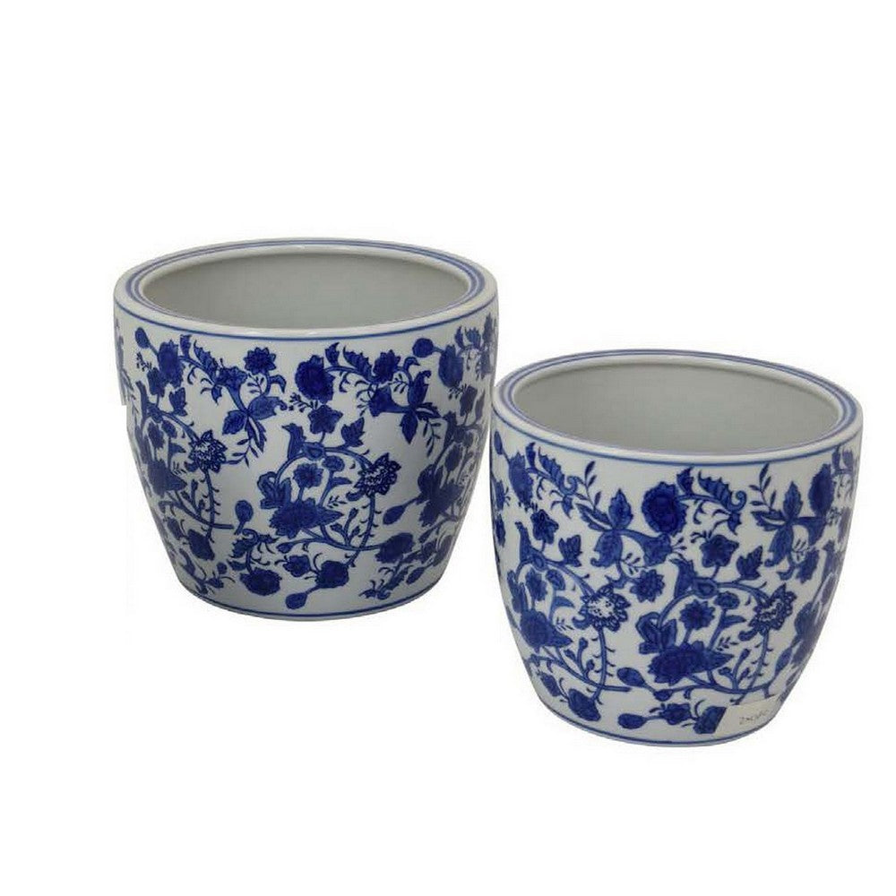 Benjara Garden Planter Set of 3, Classical Ceramic Blue White Floral Pattern