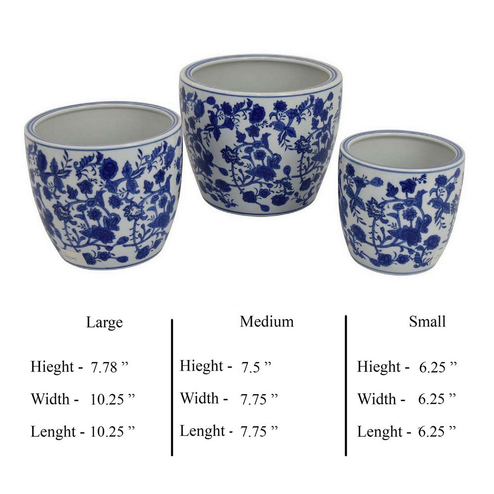Benjara Garden Planter Set of 3, Classical Ceramic Blue White Floral Pattern