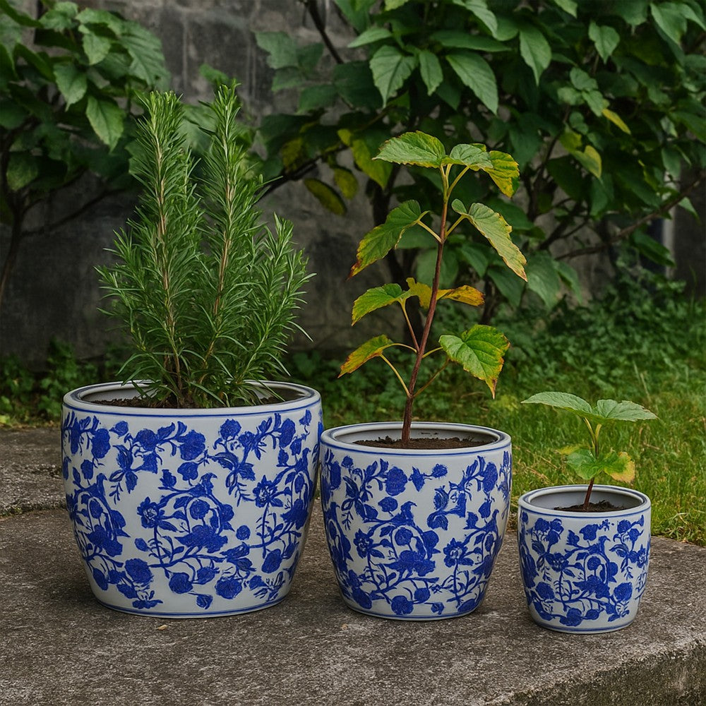 Benjara Garden Planter Set of 3, Classical Ceramic Blue White Floral Pattern