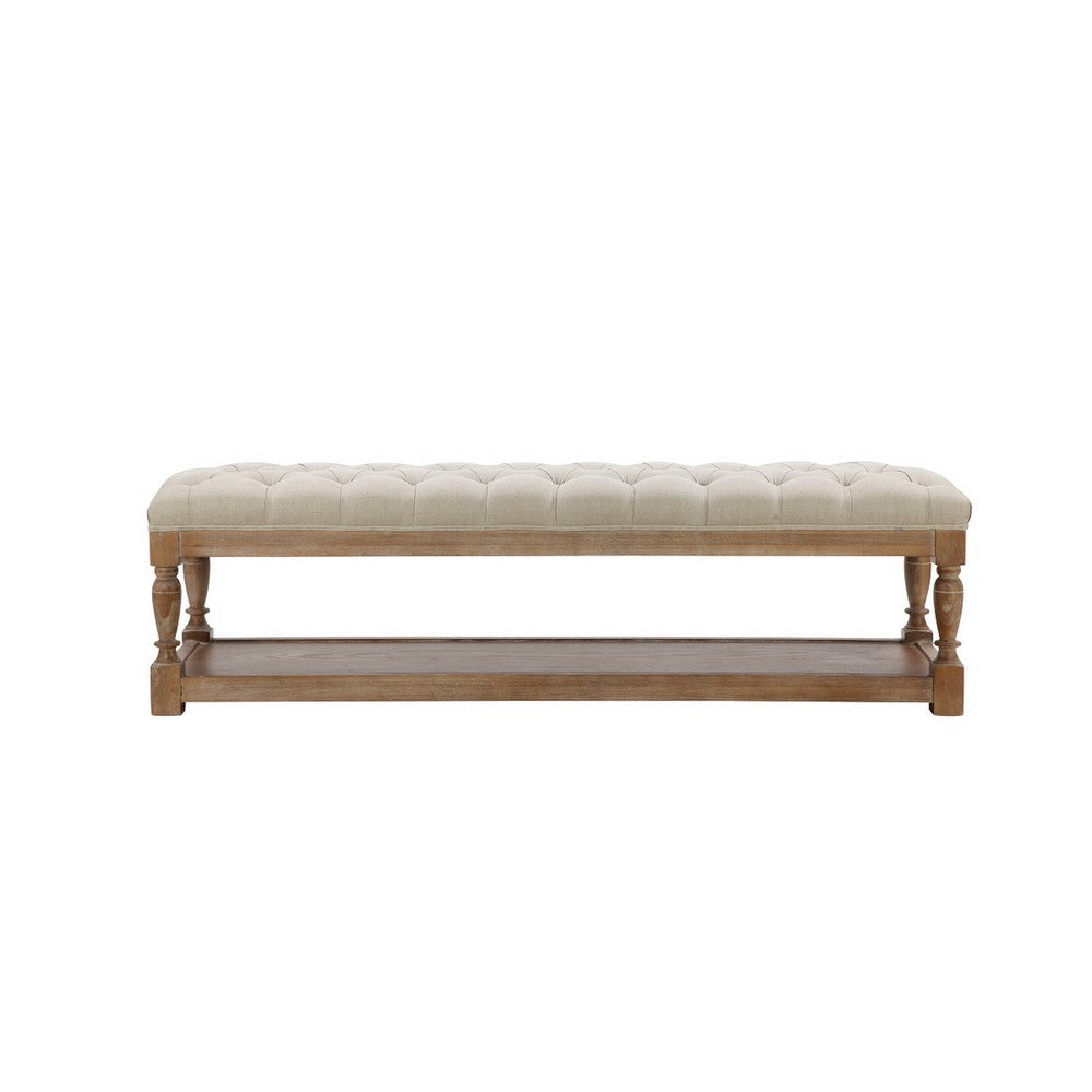 Benjara Xena Bench, 59 Inch Tufted Padded White Linen Top, Solid Wood Base