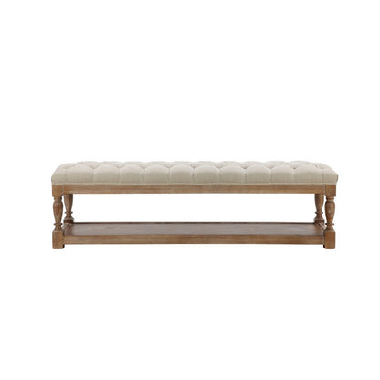 Benjara Xena Bench, 59 Inch Tufted Padded White Linen Top, Solid Wood Base