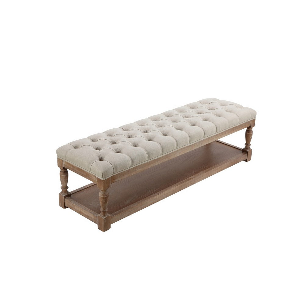 Benjara Xena Bench, 59 Inch Tufted Padded White Linen Top, Solid Wood Base