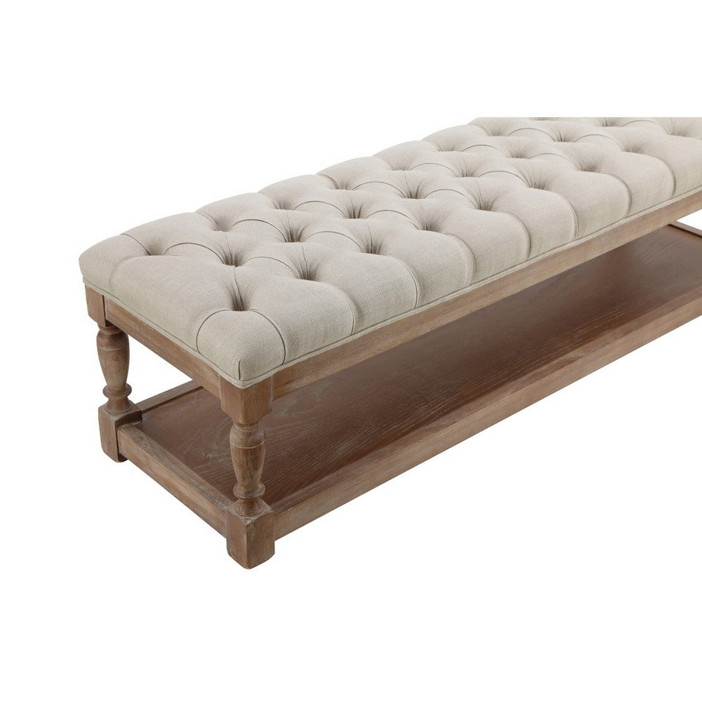 Benjara Xena Bench, 59 Inch Tufted Padded White Linen Top, Solid Wood Base
