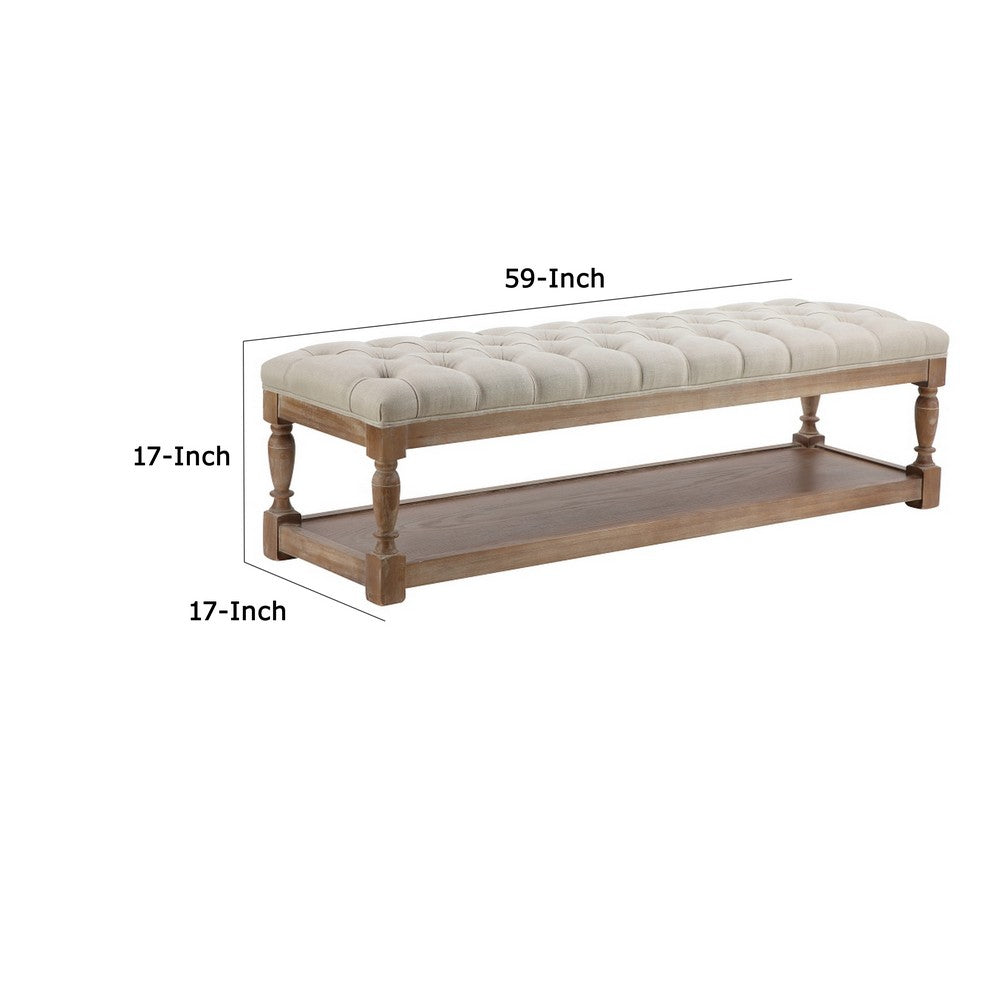 Benjara Xena Bench, 59 Inch Tufted Padded White Linen Top, Solid Wood Base