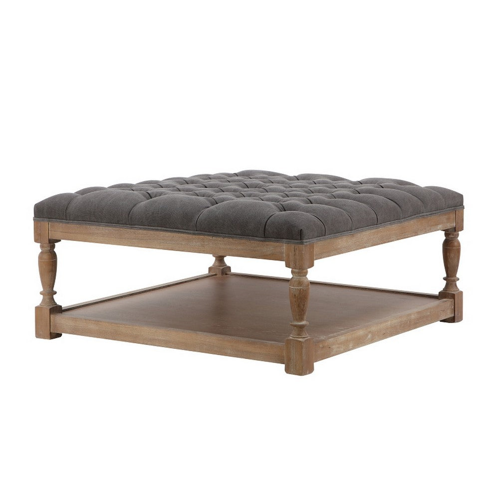 Benjara Xena Coffee Table, 36 Inch Tufted Frost Gray Upholstery, Solid Wood