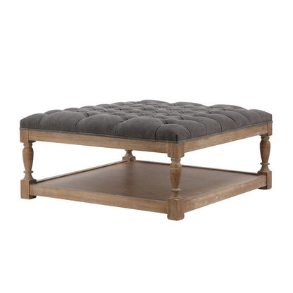 Benjara Xena Coffee Table, 36 Inch Tufted Frost Gray Upholstery, Solid Wood