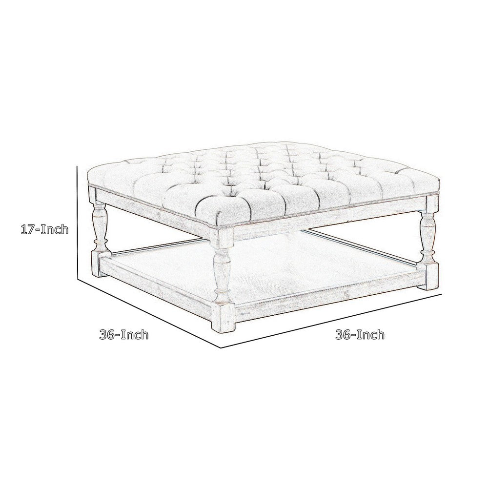 Benjara Xena Coffee Table, 36 Inch Tufted Frost Gray Upholstery, Solid Wood