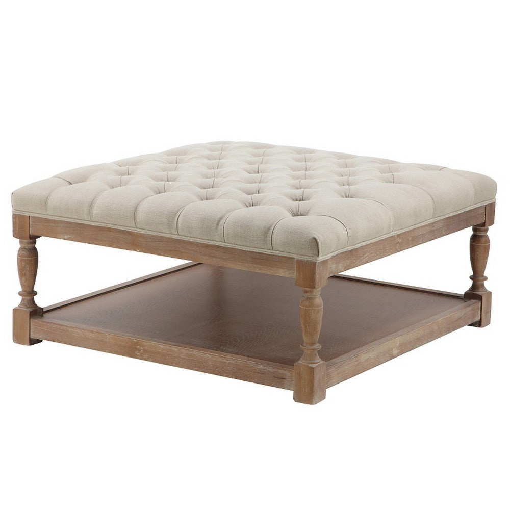 Benjara Xena Coffee Table, 36 Inch Tufted Natural White Upholstery, Solid Wood