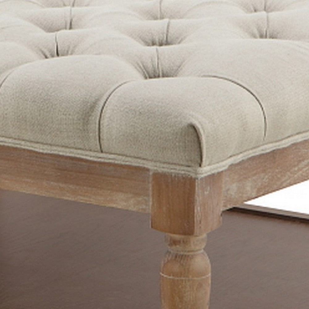Benjara Xena Coffee Table, 36 Inch Tufted Natural White Upholstery, Solid Wood