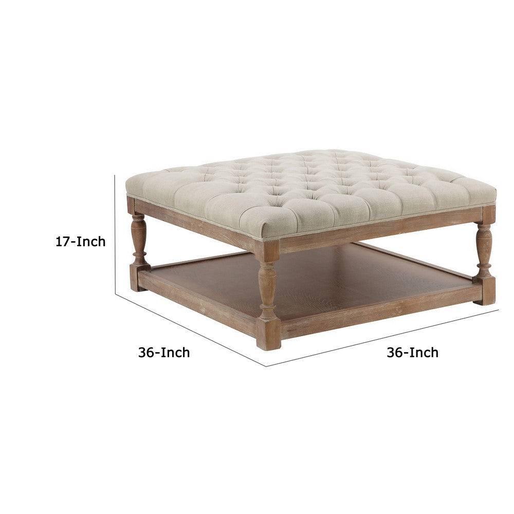 Benjara Xena Coffee Table, 36 Inch Tufted Natural White Upholstery, Solid Wood