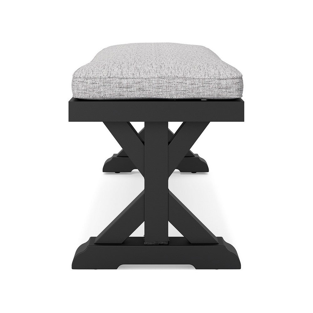Benjara Tira Outdoor Bench, Gray Nuvella, 54 Inch, Black Wicker Trestle Base