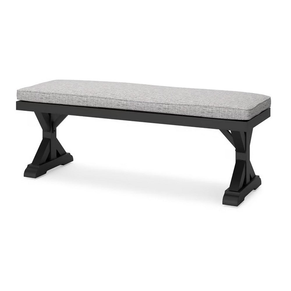 Benjara Tira Outdoor Bench, Gray Nuvella, 54 Inch, Black Wicker Trestle Base
